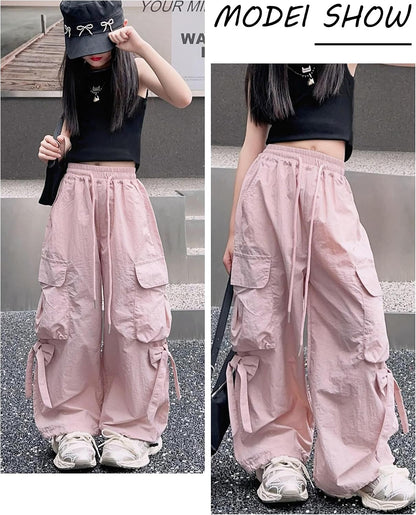 Cargo Hose Mädchen Freizeithose Baggy Hip Hop Hose mit Gummibund Schleife Leicht Dünn Sommerhose 4 Taschen Freizeit Streetwear Kinder 5-14 Jahre