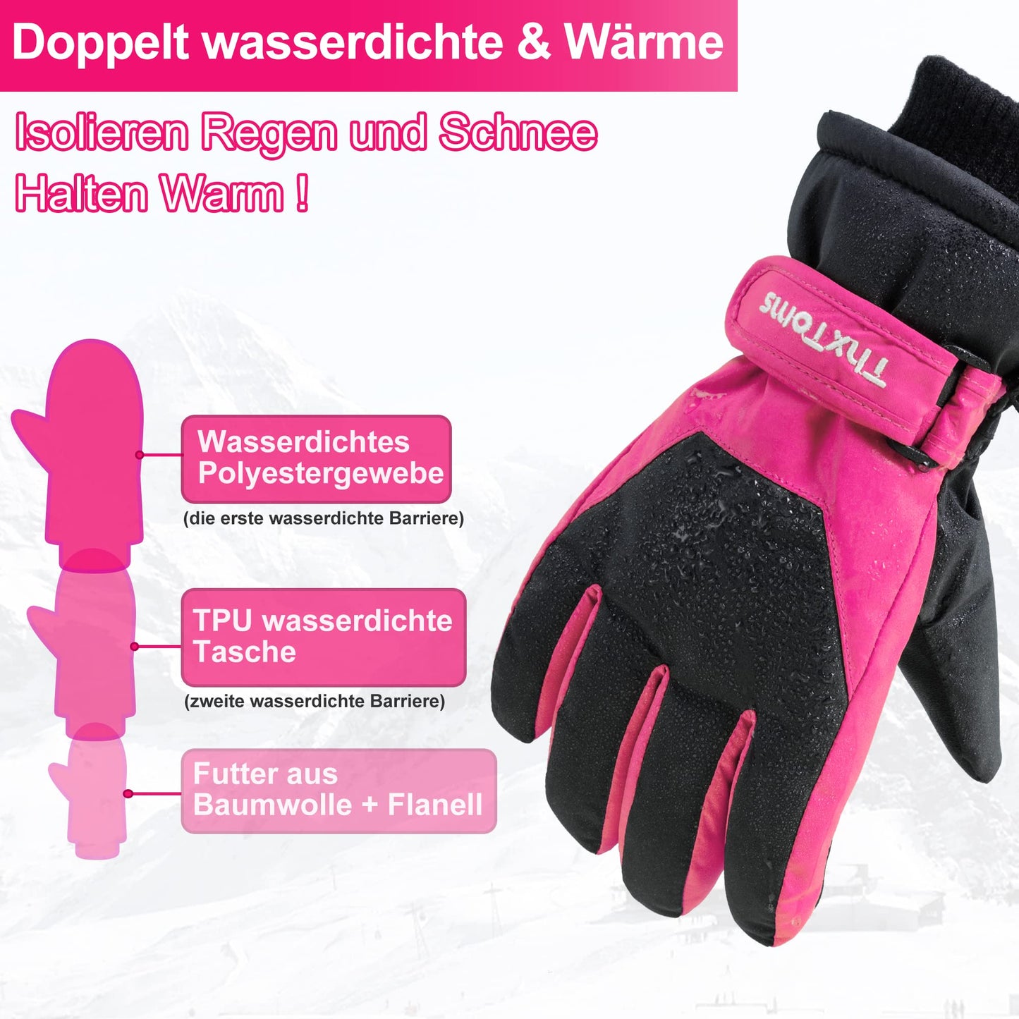 ThxToms Children's Ski Gloves, Winter Snow Ski Gloves, -15°C, Windproof, Waterproof, Warm, PU Thickened Cold Weather, Outdoor Sports, Snowboarding, Skiing, Bike, for Boys and Girls aged 3-13 Years Old