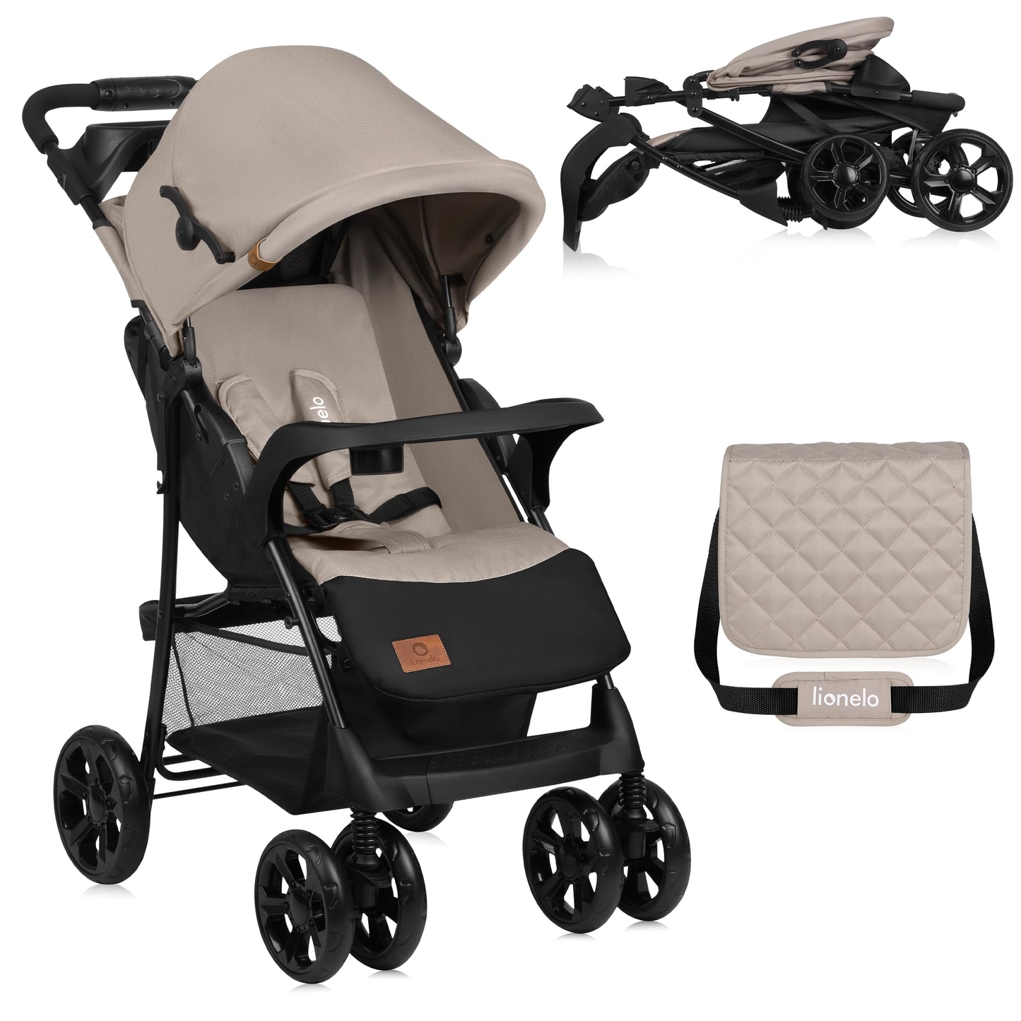 LIONELO Emma Plus Kinderwagen bis zu 15 kg, Kindersportwagen, leicht modern klein Buggy mit Liegeposition, zusammenklappbar, große Räder, großer Korb, Tasche Stone