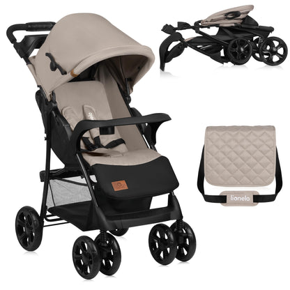 LIONELO Emma Plus Kinderwagen bis zu 15 kg, Kindersportwagen, leicht modern klein Buggy mit Liegeposition, zusammenklappbar, große Räder, großer Korb, Tasche Stone