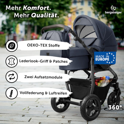 Bergsteiger Capri 3-in-1 Combination Pushchair - Baby Carrier, Sports Seat & i-Size Baby Seat, Pneumatic Tyres, Suspension, Height-Adjustable Handle, Foldable, Accessories