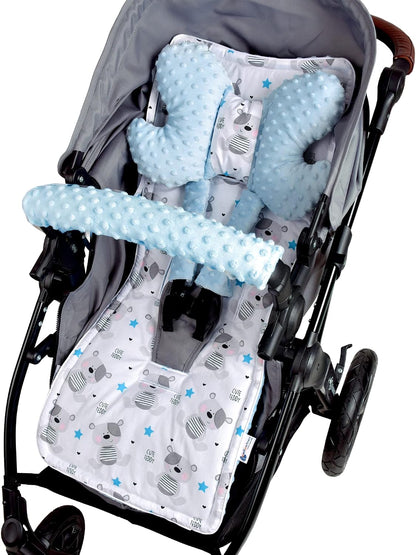 Sitzauflage Kinderwagen Buggy Baby Sommer Kindersitz Einlage Universal - 5tgl Gurtpolster + Spielbogen Kinderwagenset Babyschale (Safari mit beige Minky)