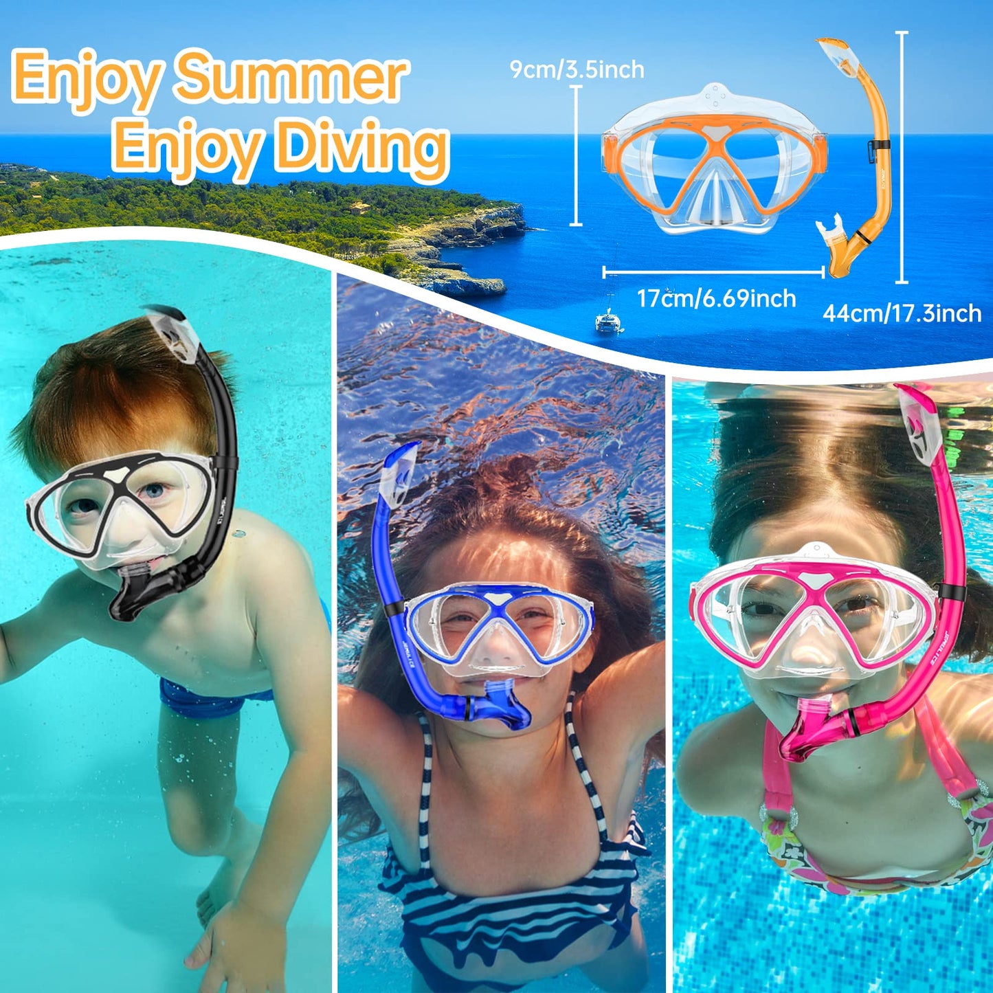 JEMULICE Taucherbrille Kinder, Schwimmbrille Kinder Schnorchelmaske für Jungen Mädchen, Tauchmaske mit Nasenabdeckung 180°Panorama HD Anti Nebel Anti-Leck Schwimmmaske für Kinder 4-16 Jahre