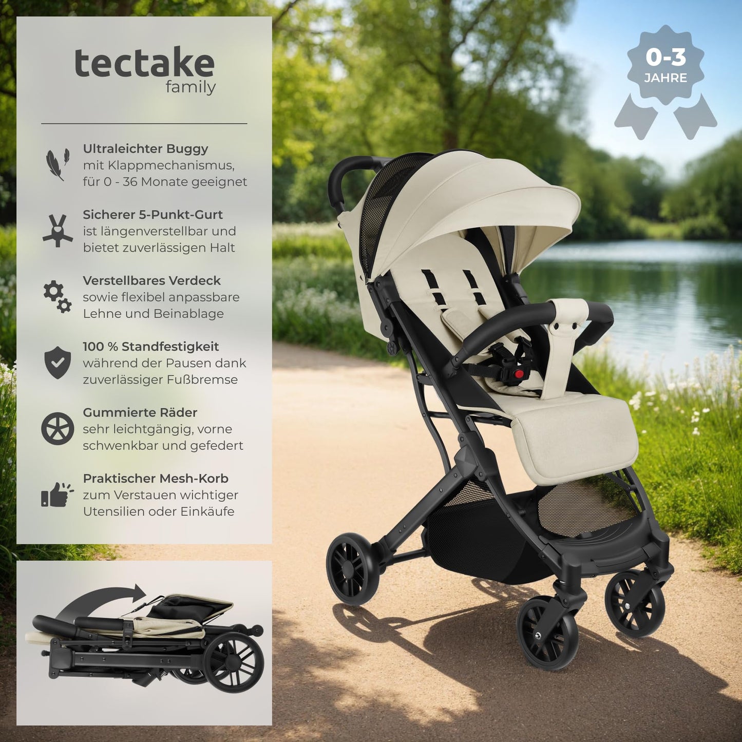 tectake® Buggy Kinderwagen von 0 bis 3 Jahre, Wagen für Baby Erstausstattung Neugeborene und Kinderbuggy, einhändig faltbarer Reisebuggy, Reisekinderwagen, Baby Wagen mit Verdeck - grau/beige - Meloni2