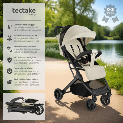 tectake® Buggy Kinderwagen von 0 bis 3 Jahre, Wagen für Baby Erstausstattung Neugeborene und Kinderbuggy, einhändig faltbarer Reisebuggy, Reisekinderwagen, Baby Wagen mit Verdeck - grau/beige - Meloni2