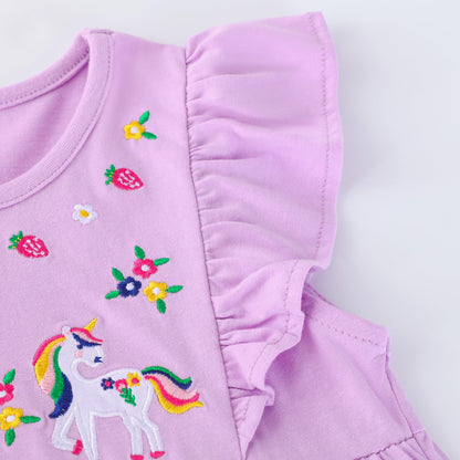 JinBei Mädchen Kleid Baumwolle Rundhals Rüschen Ärmellos Lässige Einhorn Cartoon-Applikationen Blau/Weiße Gestreift Kleidung Kinder Sommer Party Festliches Prinzessin A-Linie Kleider Gr. 98-128