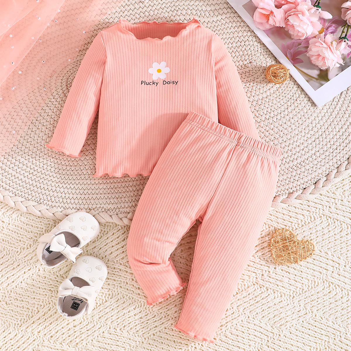 Kleinkind Baby Mädchen Kleidung Set Rüschen gerippt Kurzarm / Langarm T-Shirt Tops + Shorts Hosen 4 Stück Sommer Herbst Süße Outfits Set