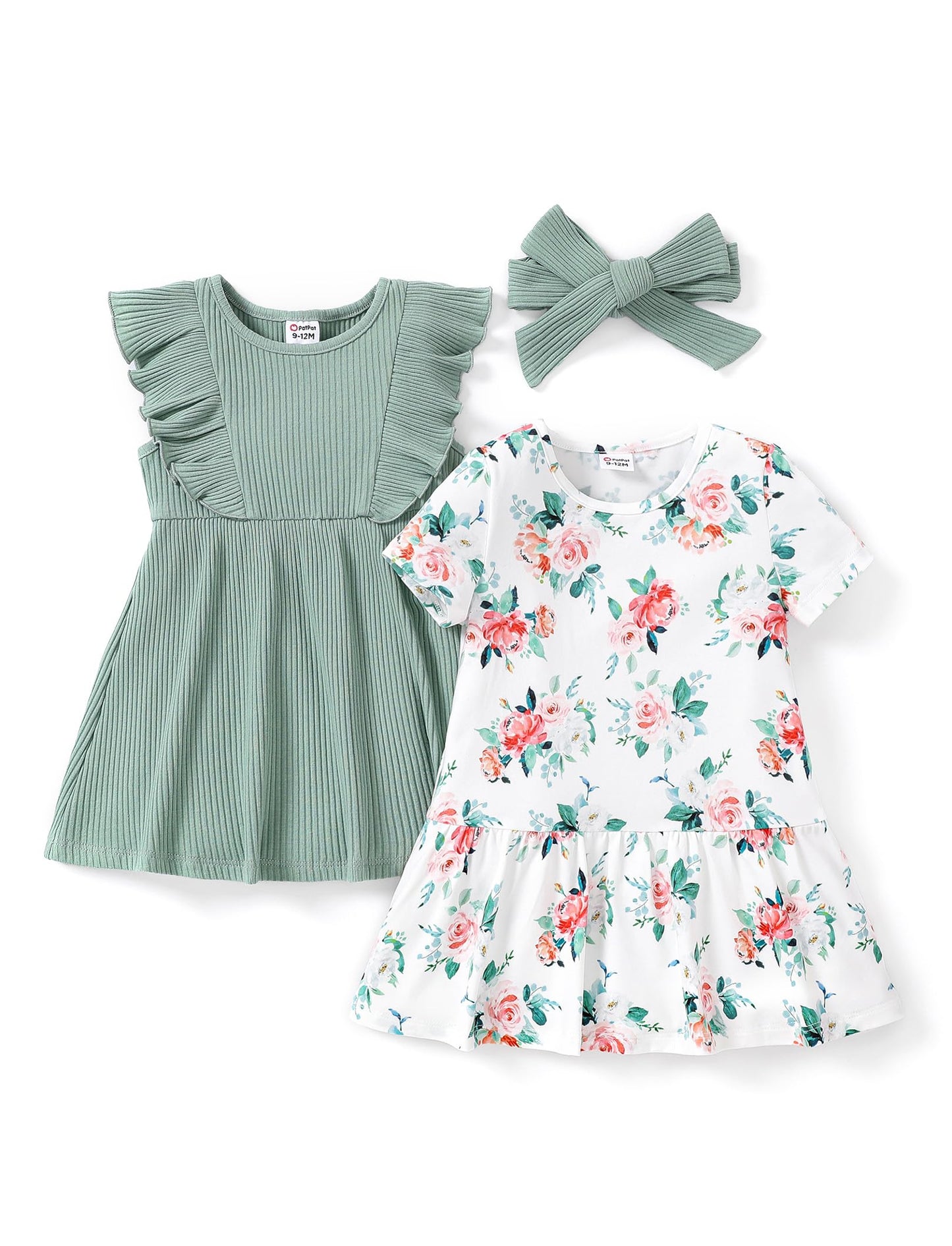 PATPAT Baby Mädchen Kleid Set, Packung mit 2 Süßes Sommerkleider Ärmellos Rüschen Prinzessin Kleider Kurze Ärmel, Kleinkind A-Linien-Kleid für Hochzeit Geburtstag Party Bankett Urlaub, 3-24 Monate