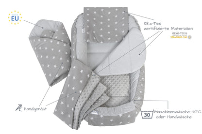 Medi Partners Babynestchen Babynest Set 100x60x15 Kuschelnest 5 teilig herausnehmbarer Einsatz Kokon Nestchen Babys Neugeborene 100% Baumwolle (REH mit Grauem Minky)