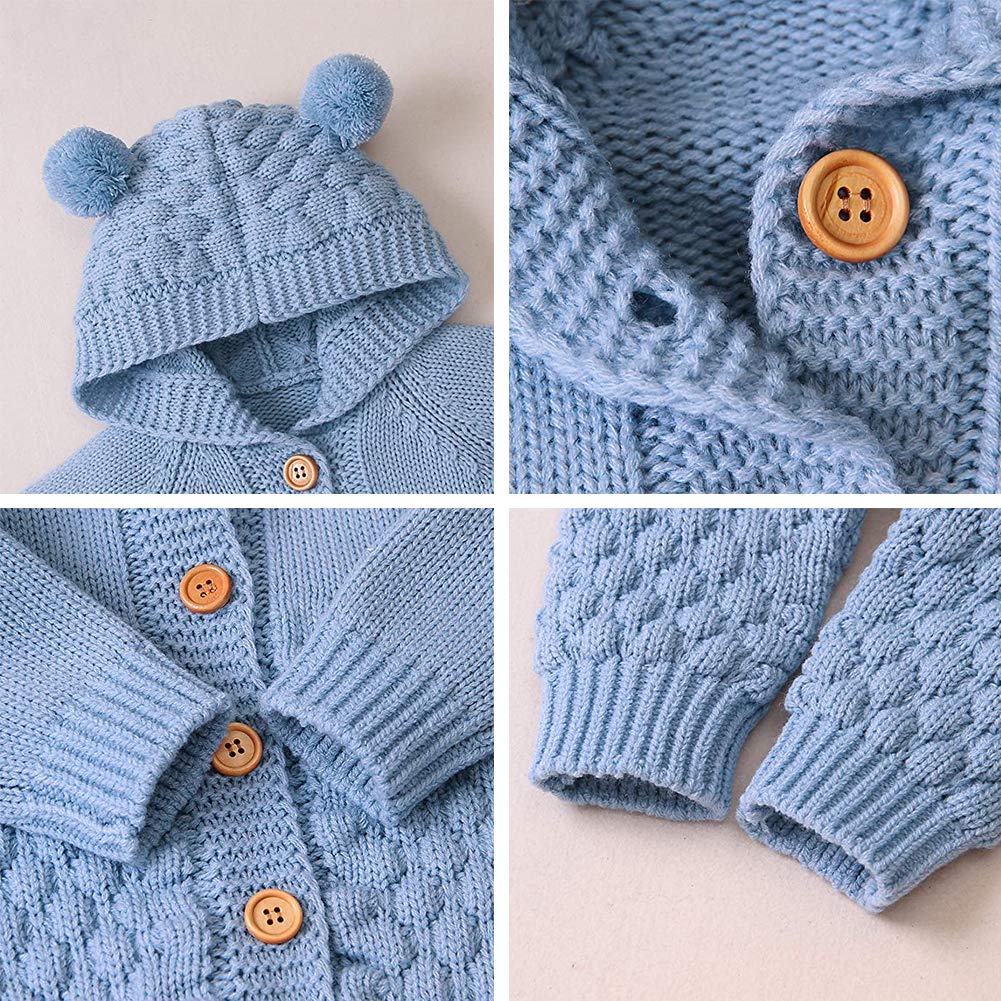OBEEII Newborn Baby Knitted Romper Jumpsuit with Hood Ear Onesies Pullover Winter Warmer Onesie Bodysuit for Boys Girls