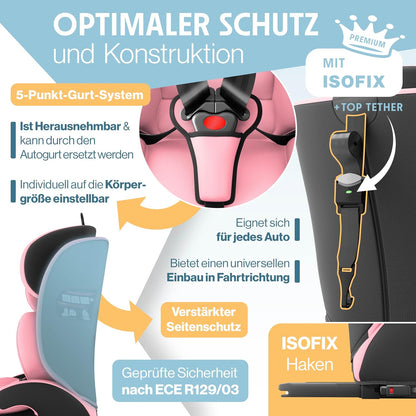 Autokindersitz mit Isofix i-Size R129 100-150cm bis 12 Jahre, Kinderautositz Gruppe 1/2/3, mitwachsender Kindersitz, 5-Punkt-Gurt & höhenverstellbare Kopfstütze, Sitzerhöhung Auto, Schwarz