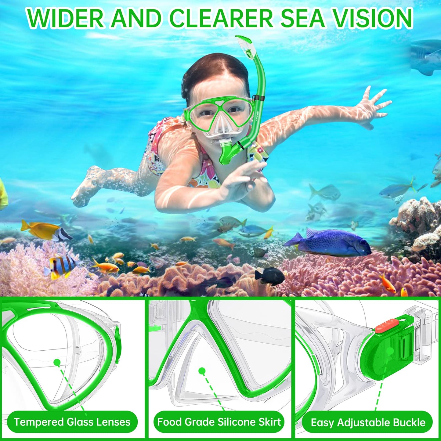 JEMULICE Taucherbrille Kinder, Schwimmbrille Kinder Schnorchelmaske für Jungen Mädchen, Tauchmaske mit Nasenabdeckung 180°Panorama HD Anti Nebel Anti-Leck Schwimmmaske für Kinder 4-16 Jahre