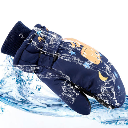 KAKU NANU Children's Winter Gloves 2-10 Years Ski Gloves Waterproof Warm Fleece Cartoon Children's Gloves Mittens with Cord Outdoor Snowboard Gloves Children Boys Girls Blue Red Pink Purple