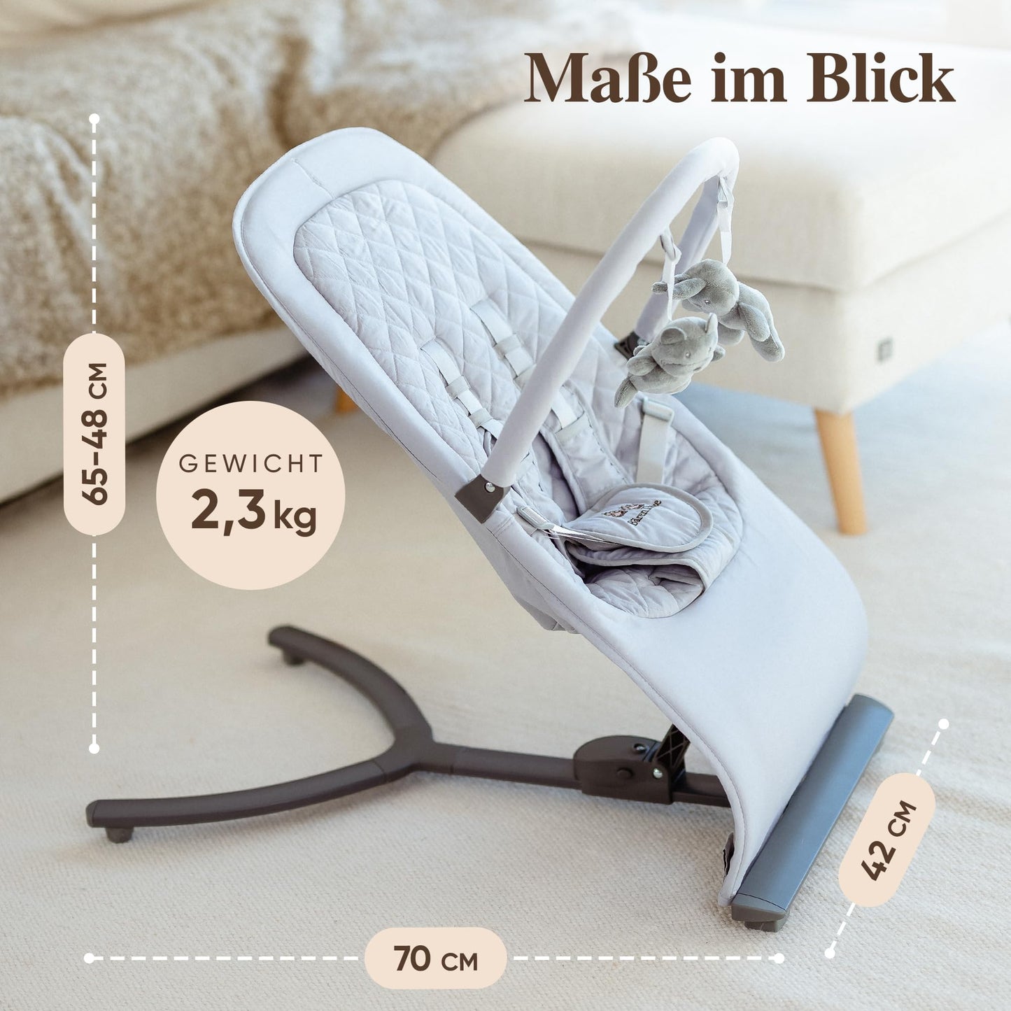 BärenTatze Baby Rocker Newborn from Birth, Ergonomic, Height Adjustable with Play Arch and Storage Bag, Baby Swing, Baby Bouncer, Swing, Cradle, Rocker, Grey Quilted Pattern