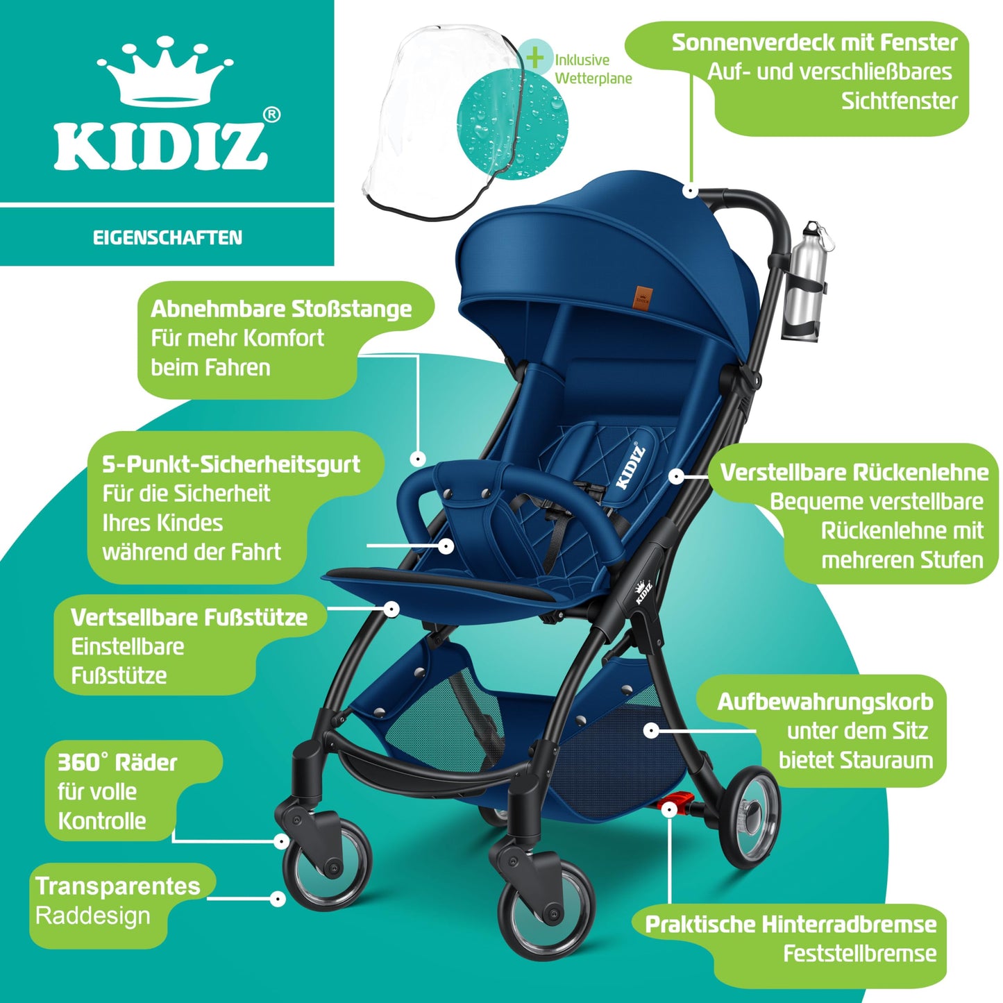KIDIZ® Folding Pushchair, Sports Pram, 360° Wheels, 5-Point Harness, incl. Drinks Holder, Rain Cover, Adjustable Backrest and Sun Canopy, Red