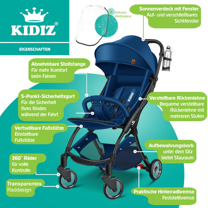 KIDIZ® Folding Pushchair, Sports Pram, 360° Wheels, 5-Point Harness, incl. Drinks Holder, Rain Cover, Adjustable Backrest and Sun Canopy, Red