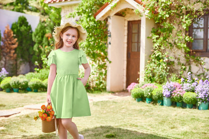 GRACE KARIN Girls Summer Dress Ruffle Short Sleeve Casual A-Line Princess Dress with Pockets Wedding Flower Girl Dresses 