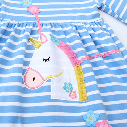 JinBei Mädchen Kleid Baumwolle Rundhals Rüschen Ärmellos Lässige Einhorn Cartoon-Applikationen Blau/Weiße Gestreift Kleidung Kinder Sommer Party Festliches Prinzessin A-Linie Kleider Gr. 98-128