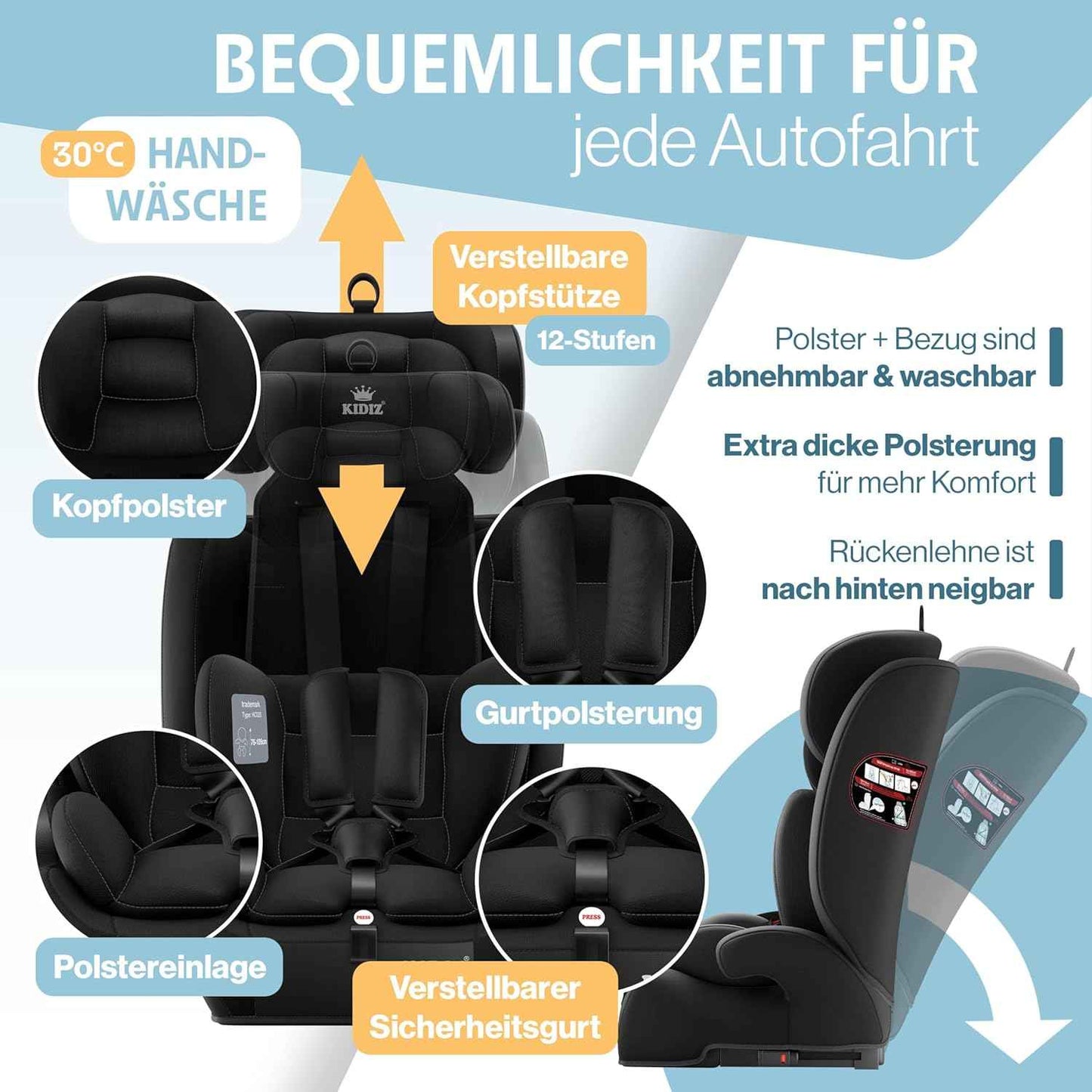 KIDIZ® Autokindersitz mit Isofix i-Size R129 100-150cm bis 12 Jahre, Kinderautositz Gruppe 1/2/3, mitwachsender Kindersitz, 5-Punkt-Gurt & höhenverstellbare Kopfstütze, Sitzerhöhung Auto, Schwarz