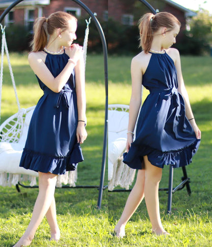 Arshiner Mädchen Kleid Neckholder Sommerkleid Rüschensaum Midikleid A-Linie Kinderkleid Swing Partykleider Abendkleid Kinder Festliche Kleider Freizeitkleid mit Gürtel 6-14 Jahre