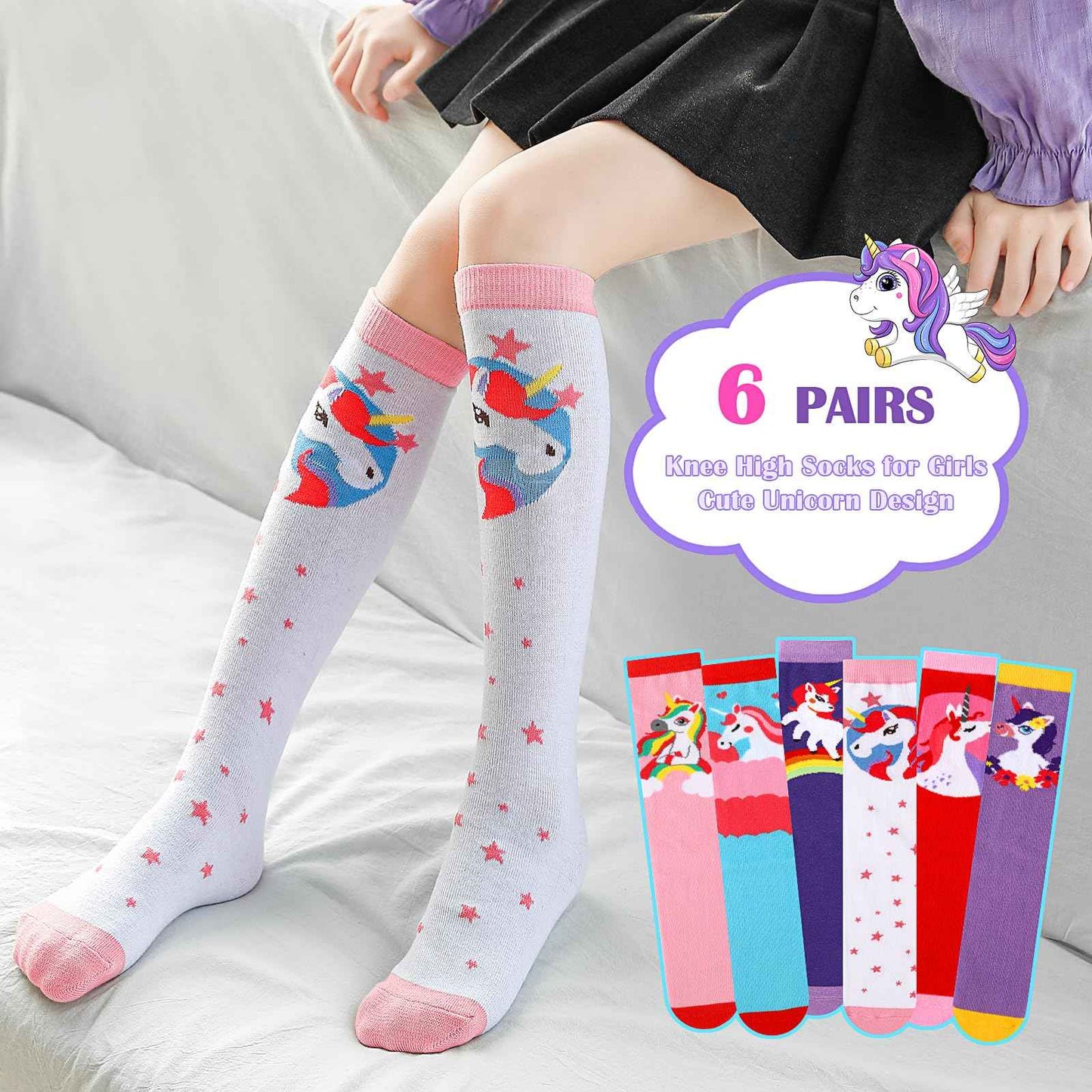 PHOGARY 6 Pairs of Knee Socks for Girls, Cute Socks Colourful Socks Children, Warm Knee Socks Children, Medium Calf Length, Long Knee Socks Girls from 3 to 12 Years, One Size