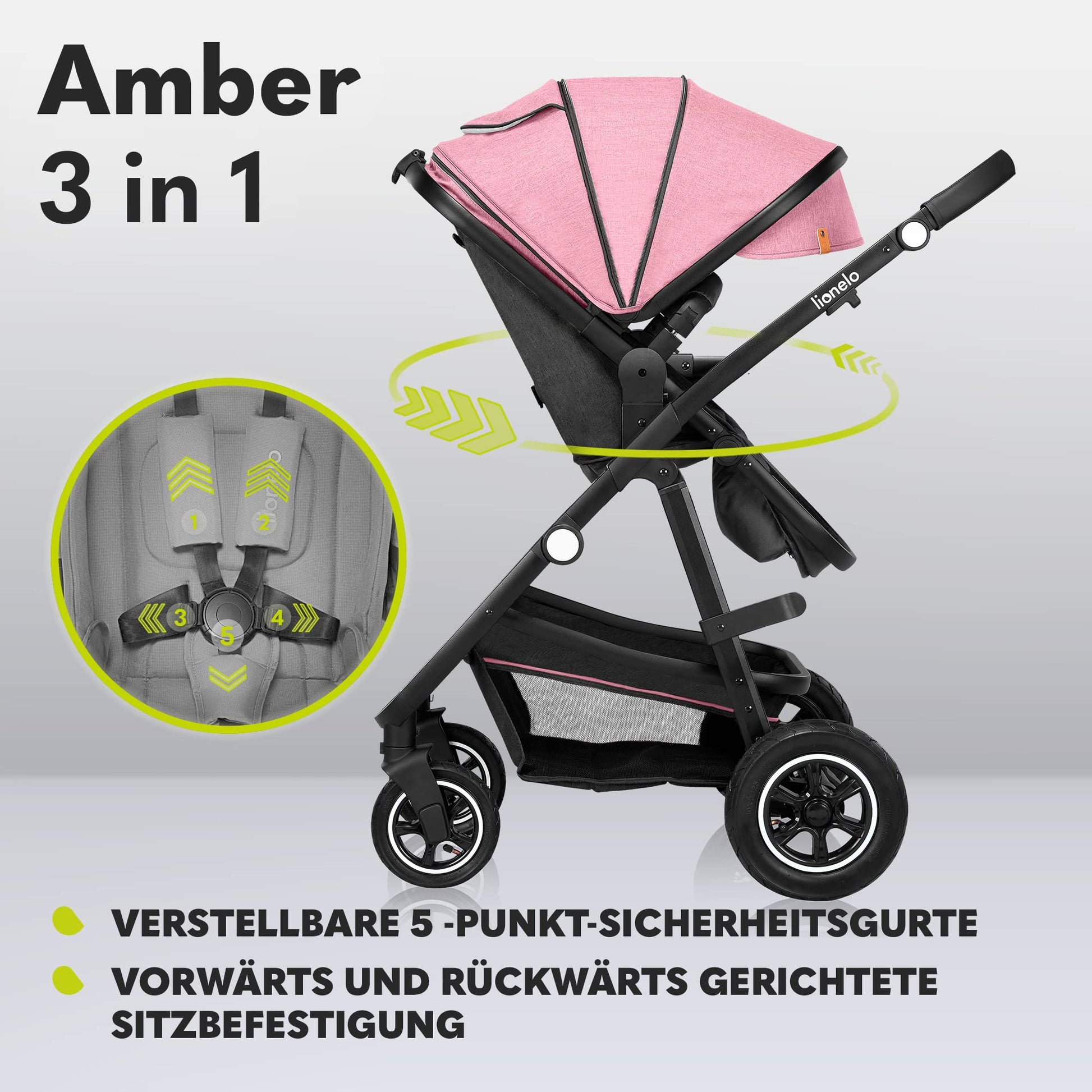 LIONELO MERIL 3-in-1 Multifunktionaler Kinderwagen 0-48 Monate Bis zu 22 kg, Babywanne bis zu 9 kg, Kindersitz bis zu 13 kg, Geländeräder 360°, Vollfederung, XXL-Verdeck mit UPF50+ - Meloni2