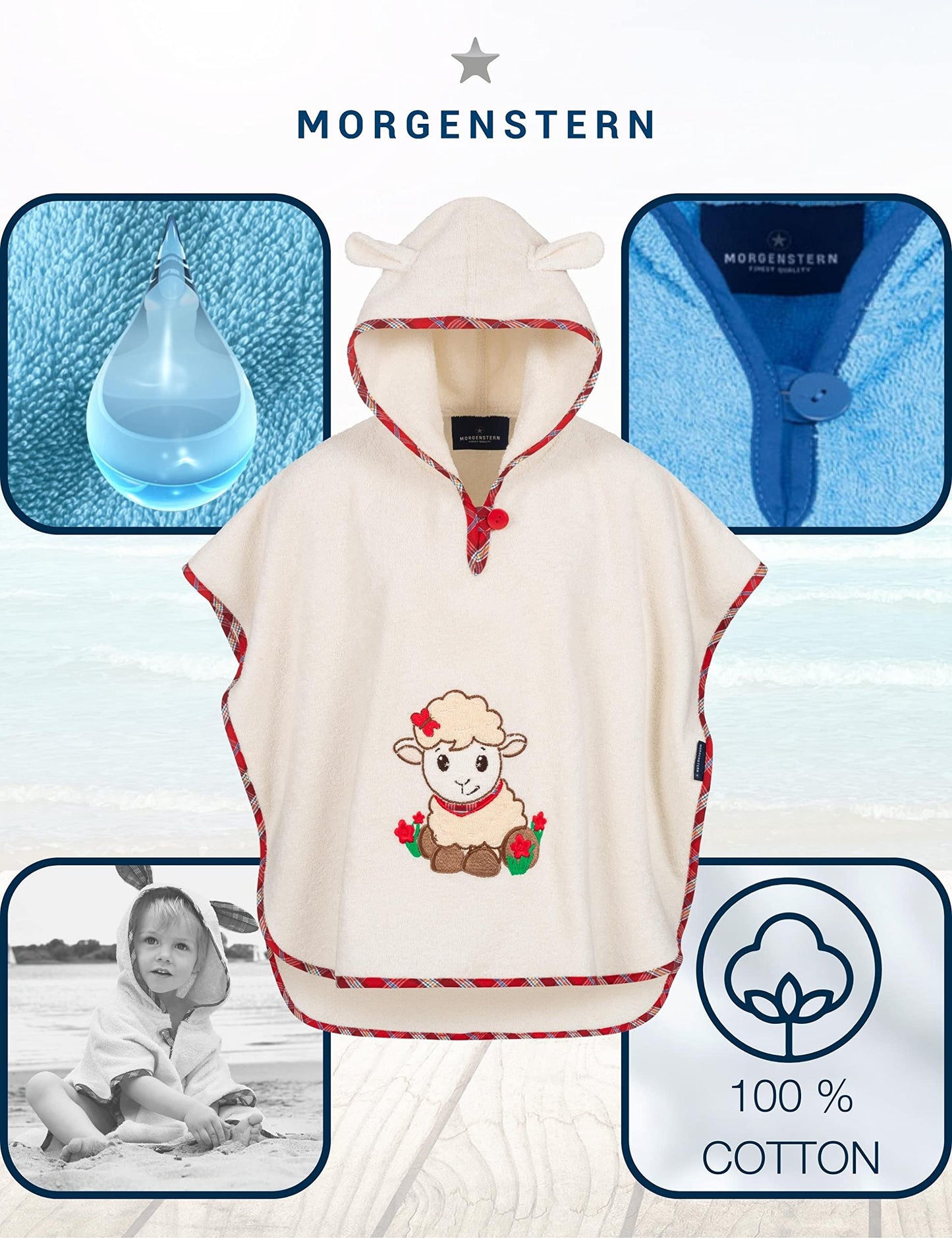 Morgenstern Bath Poncho Children's Baby Girls Boys 100% Cotton Oeko-Tex Baby Bath Towel Hooded Towel Bathrobe Terry Cloth