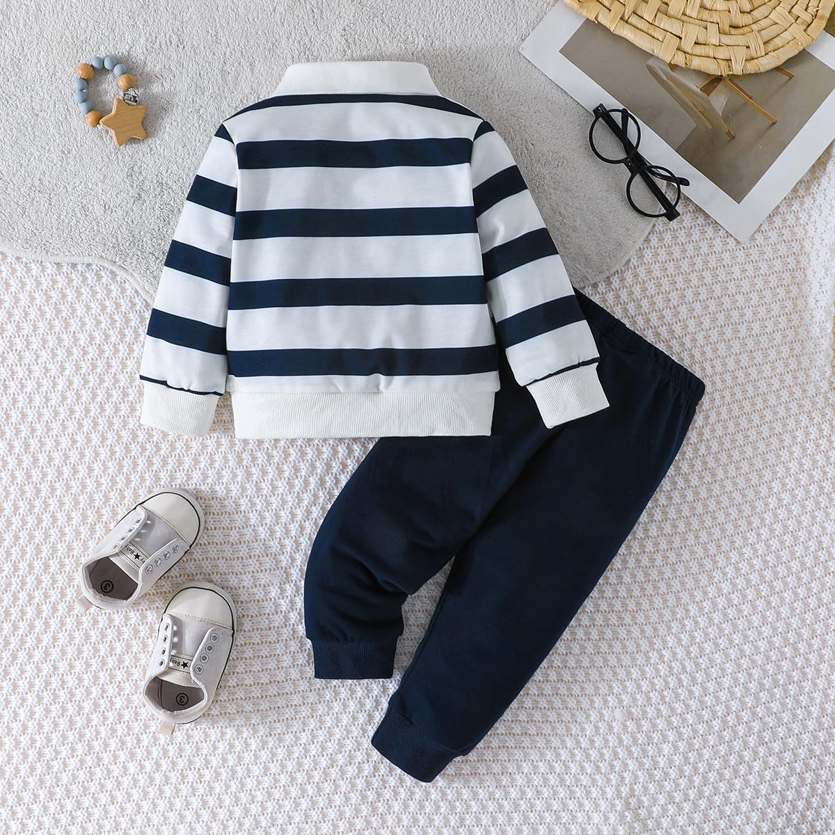 Kleinkind Baby Jungen Kleidung Outfits Langarm Turn-Down Kragen Plain / Checked Sweatshirt und Hose 2 Stück Herbst Winter Trainingsanzug Set