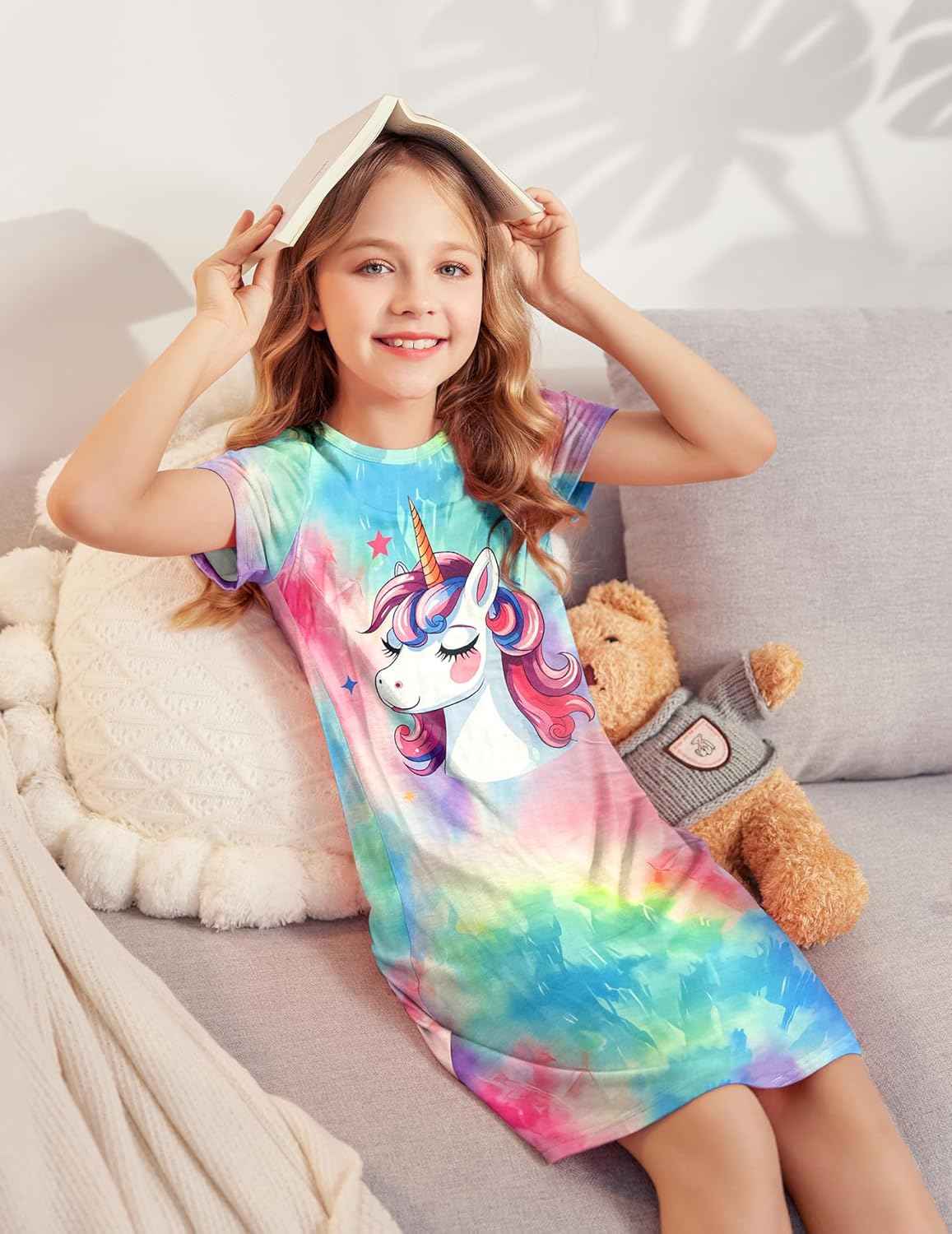 Arshiner Nightdress Girls Short Sleeve Pyjamas Children's Sleep Dress Cat Unicorn Crew Neck Night Dress 4-12 Years