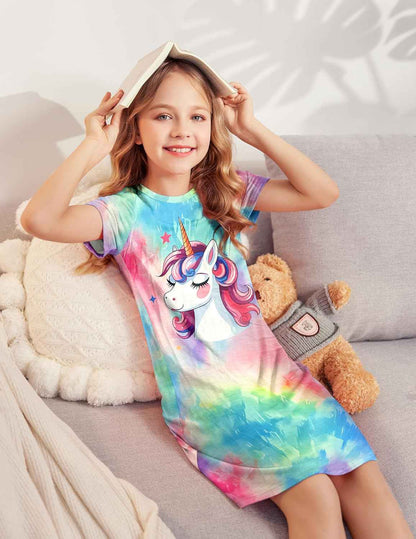 Arshiner Nightdress Girls Short Sleeve Pyjamas Children's Sleep Dress Cat Unicorn Crew Neck Night Dress 4-12 Years