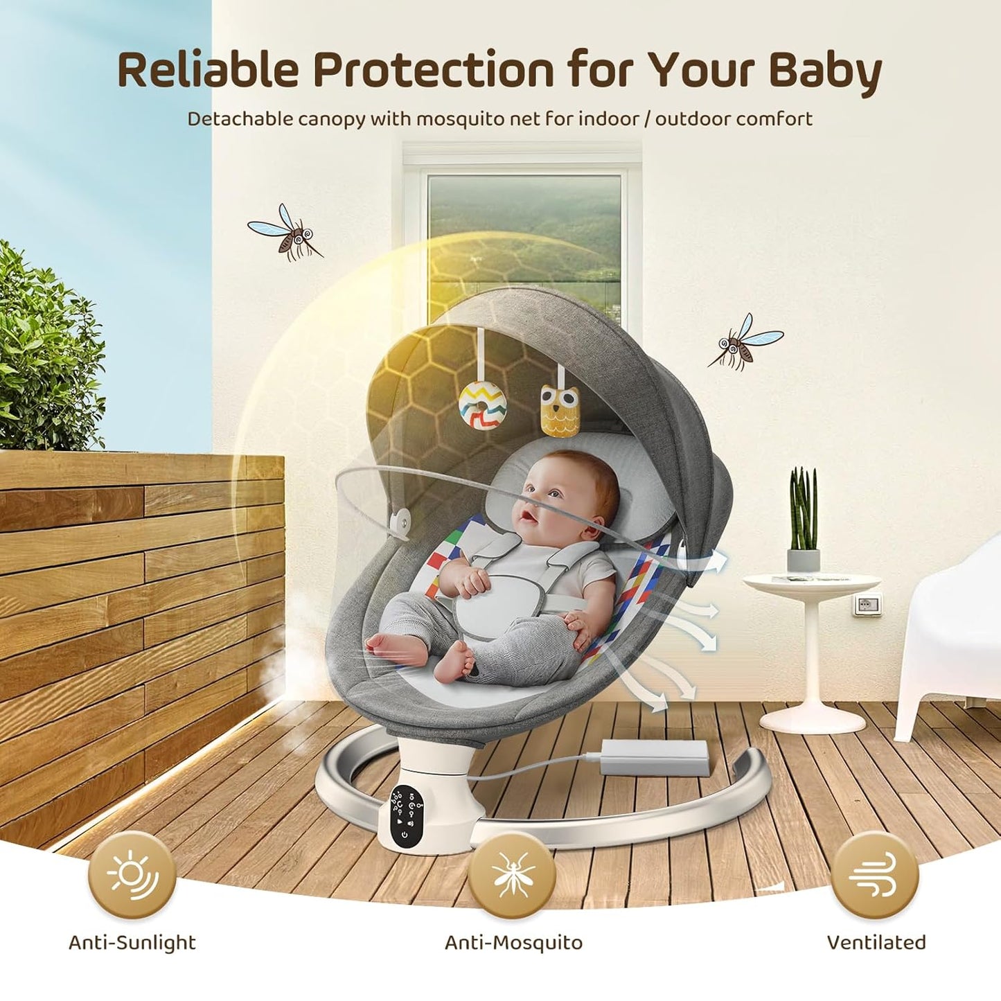 Bluetooth Elektrische Babyschaukel, Upgrade 5-Punkte Geschirr Elektrische Babywippe mit 5 Geschwindigkeiten 3 Timer und 10 Musik, Mobiler APP/Fernbedienung/IMD Panel-Steuerung Babywippen (Dunkelgrau)