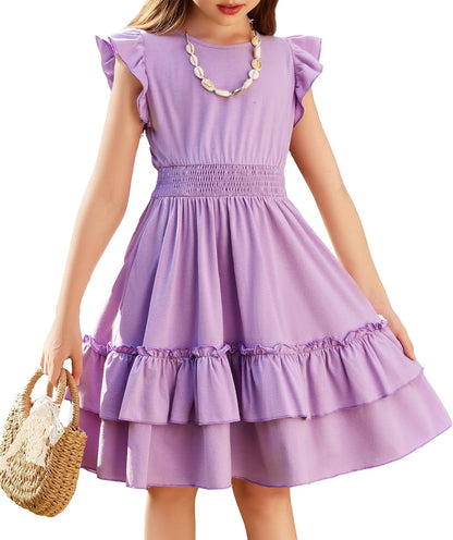 Arshiner Girls Dresses Flutter Sleeves Kids Summer Cotton Formal Dress A-Line Waist Lace-up Casual Dress Swing Dress Elegant Sleeveless Dress for Girls 5-13 Years 