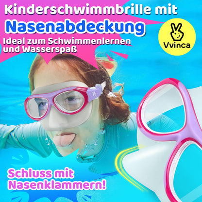 Vvinca Swimming Goggles for Kids with Nose Guard and Fabric Strap, Shatterproof, Anti-Fog and Waterproof for Children 3-14 Years