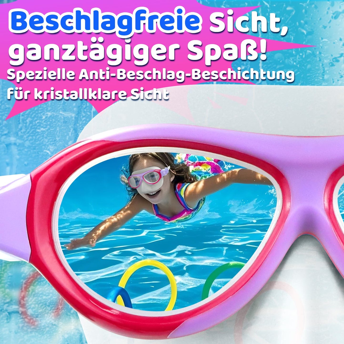 Vvinca Swimming Goggles for Kids with Nose Guard and Fabric Strap, Shatterproof, Anti-Fog and Waterproof for Children 3-14 Years