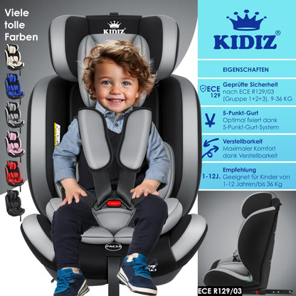 KIDIZ® Autokindersitz Kinderautositz Gruppe 1+2+3 9-36 kg 5-Punkt-Sicherheitsgurt, Autositz, Kindersitz, Einstellbare Kopfstütze, Mitwachsende Sitzerhöhung 1-12 Jahre, Stabil und Sicher