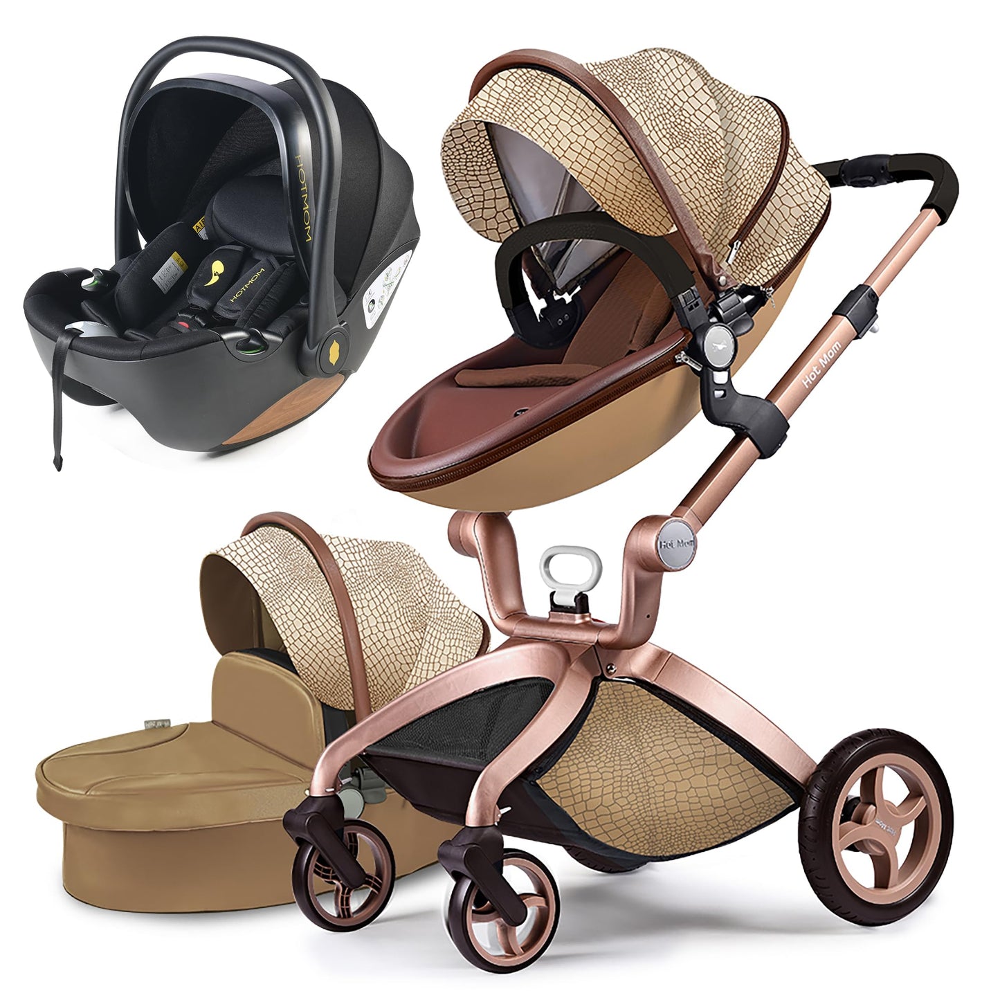 Hot Mom Kinderwagen 3in1 Set Klassik Kombikinderwagen, Modell F22 mit Alu-Rahmen/Vollgummireifen (Schwarz)