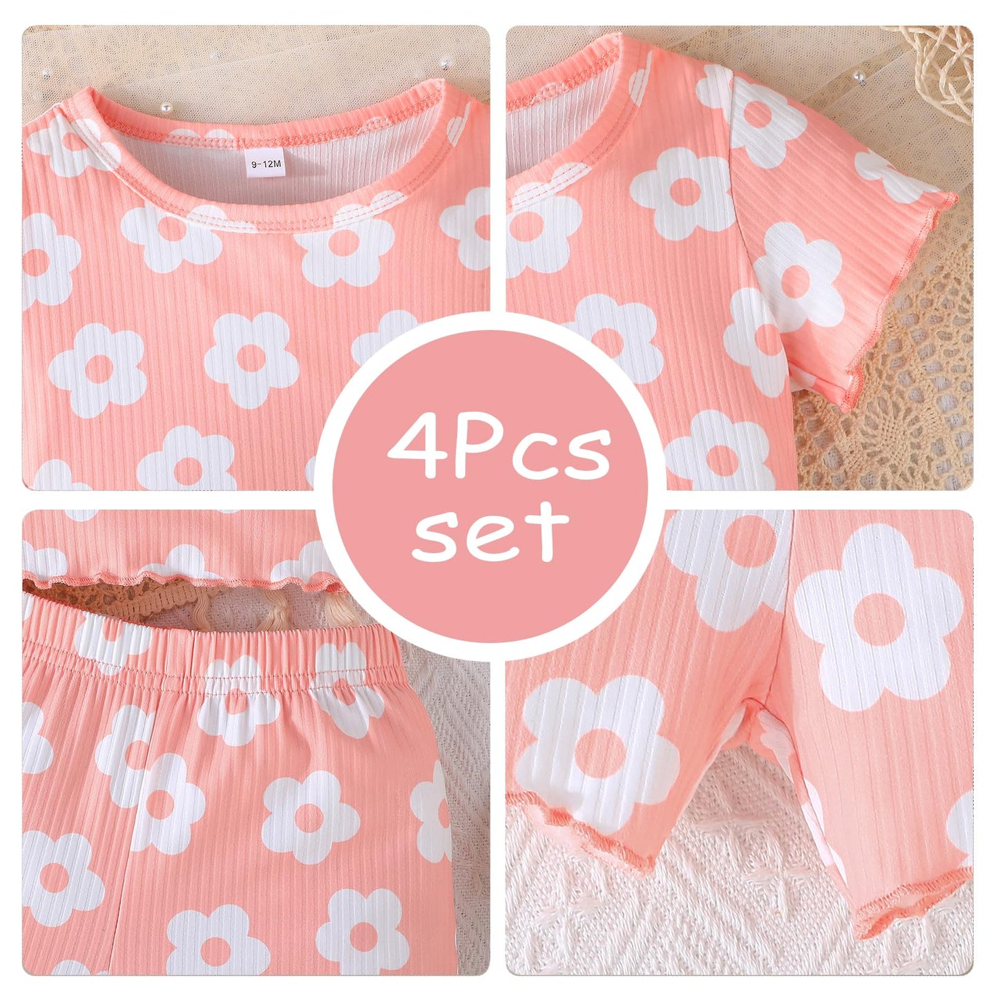 Kleinkind Baby Mädchen Kleidung Set Rüschen gerippt Kurzarm / Langarm T-Shirt Tops + Shorts Hosen 4 Stück Sommer Herbst Süße Outfits Set