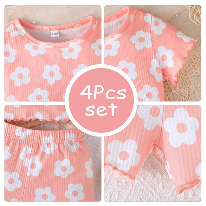 Kleinkind Baby Mädchen Kleidung Set Rüschen gerippt Kurzarm / Langarm T-Shirt Tops + Shorts Hosen 4 Stück Sommer Herbst Süße Outfits Set