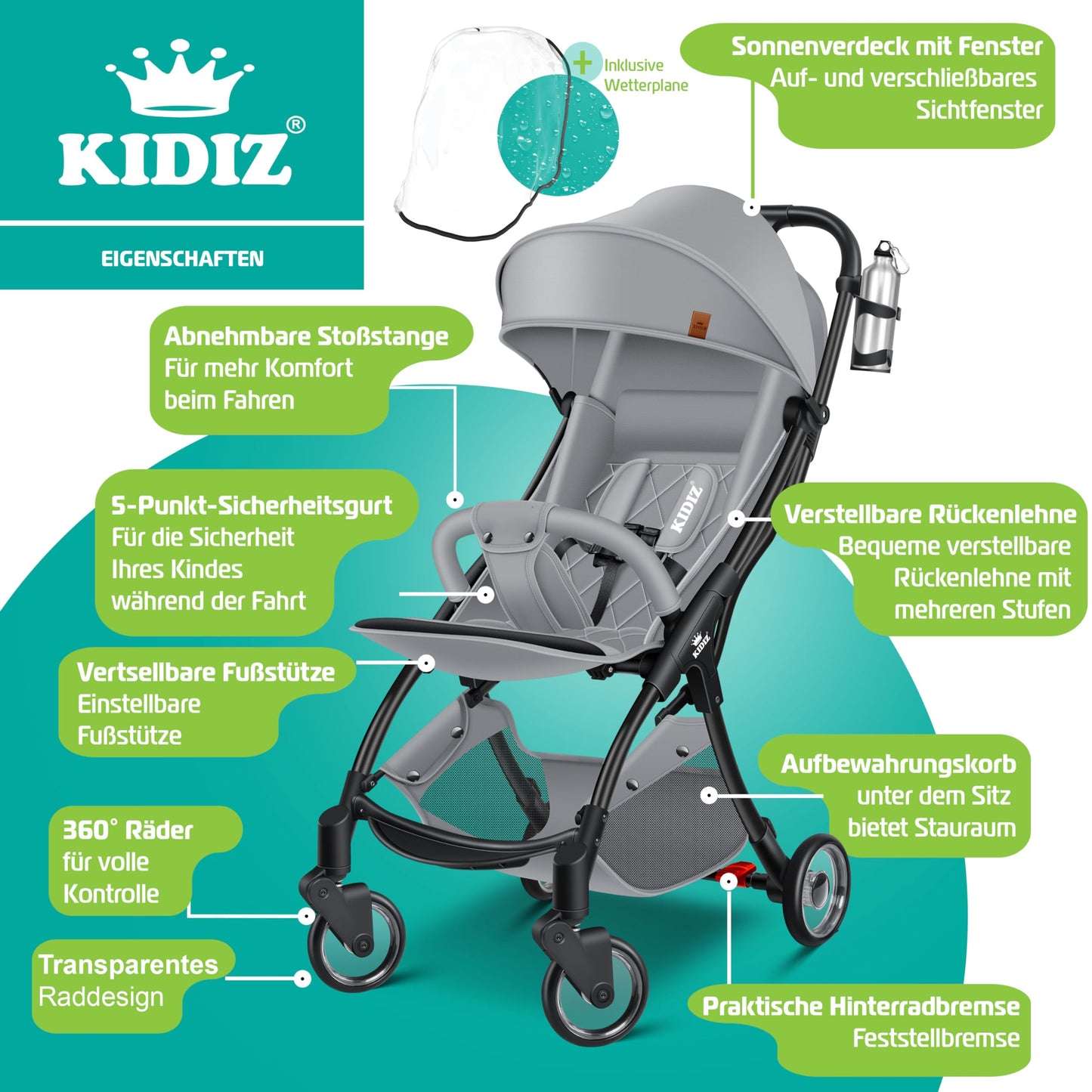 KIDIZ® Folding Pushchair, Sports Pram, 360° Wheels, 5-Point Harness, incl. Drinks Holder, Rain Cover, Adjustable Backrest and Sun Canopy, Red