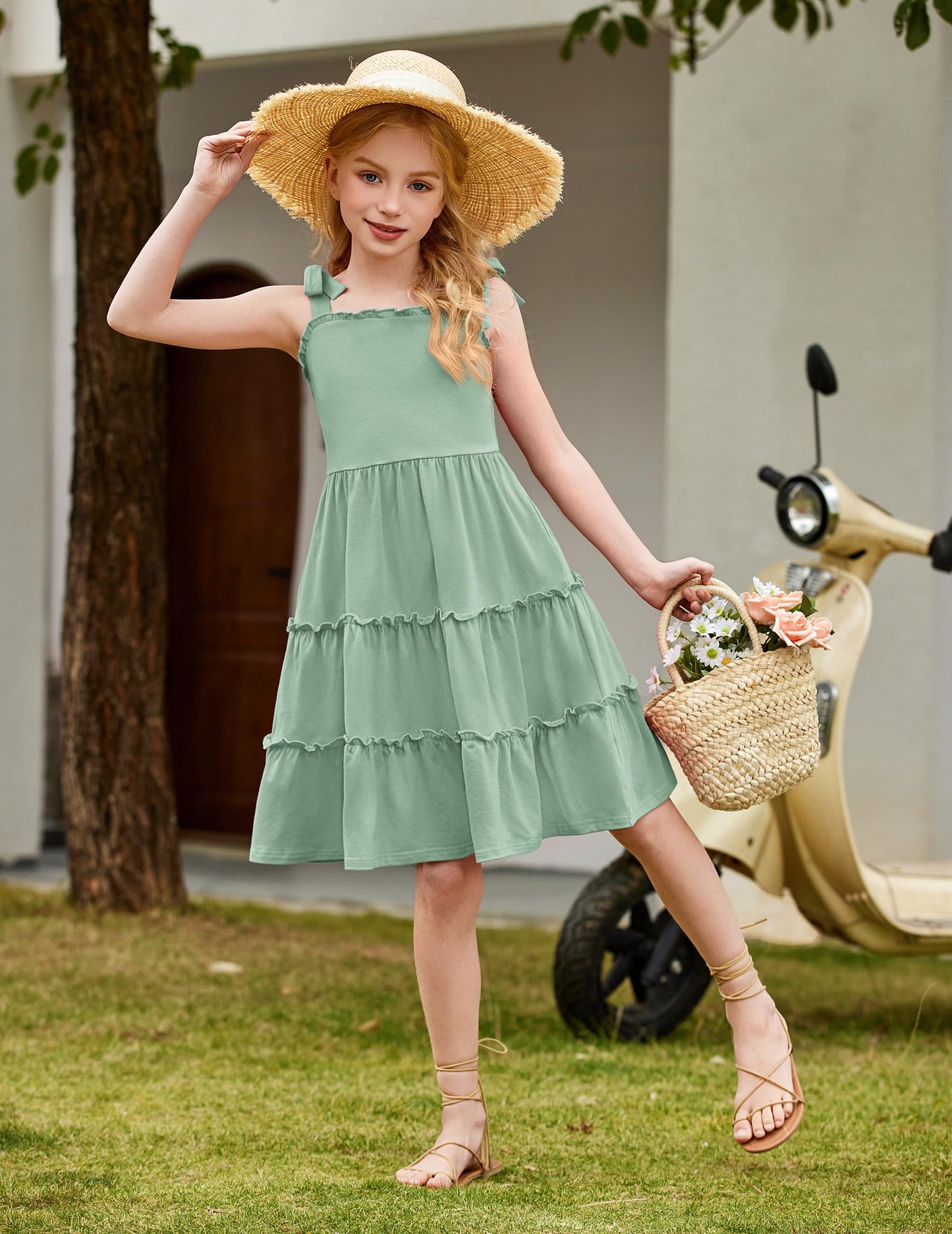 Arshiner Mädchen Kleider Fliege Trägerkleid Kinder Baumwolle Sommerkleid Ärmelloses A-Linie Swingkleid Schulterfrei Elegant Freizeitkleid für Mädchen 5-15 Jahre