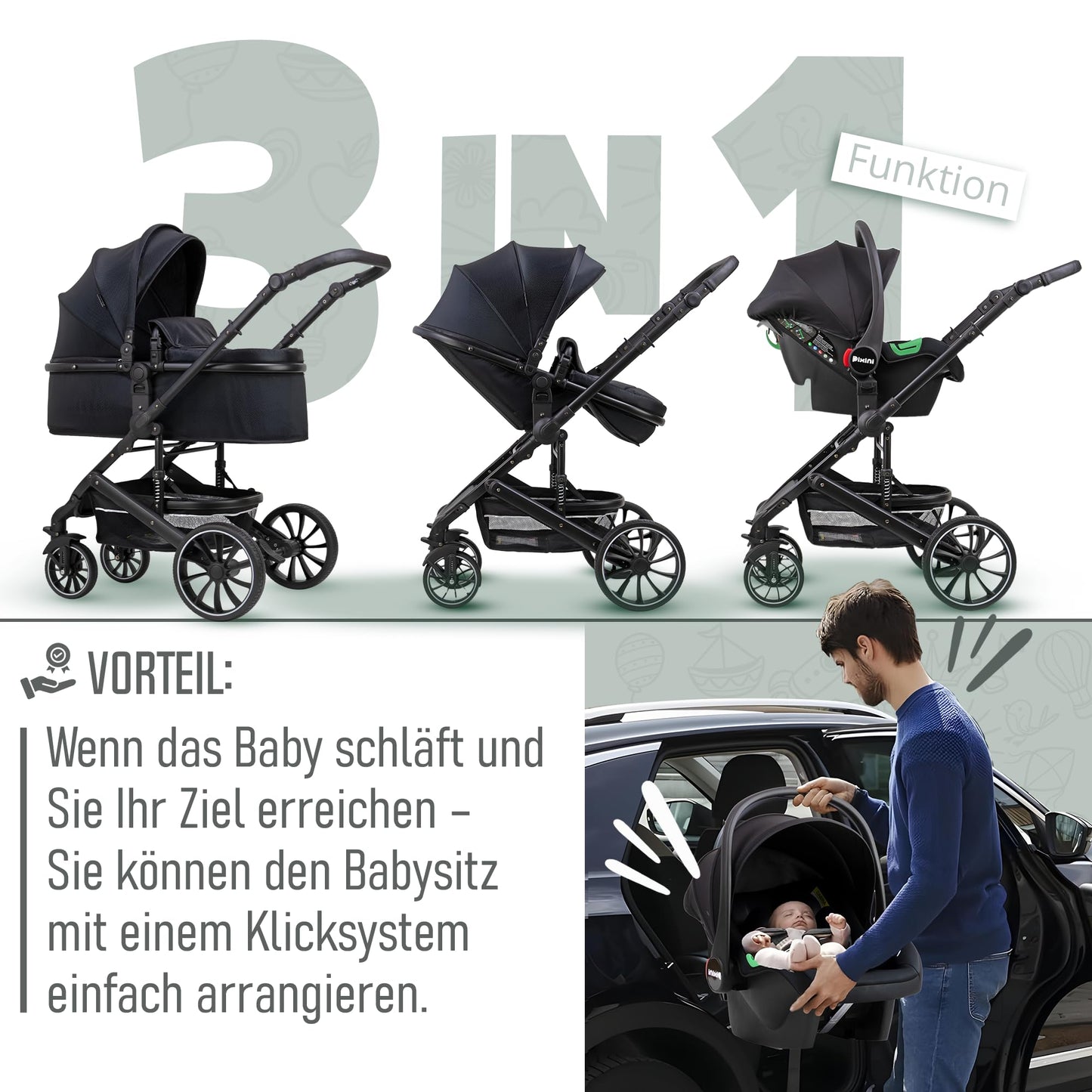 Pixini Neyla Combi Pushchair with Accessories (3-in-1 Set with Baby Seat Black/Black)