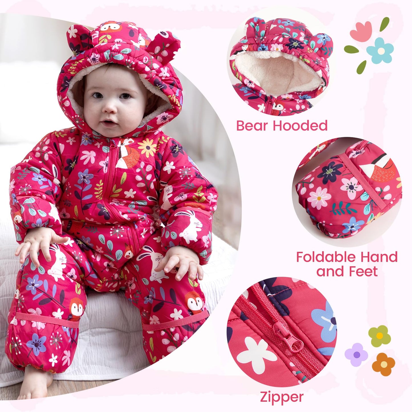 JiAmy Baby Winter Snowsuit, Toddler Bear Hood Fold-Over Mittens Booties Jumpsuit Toddler Warm Fleece Romper Girls Boys Warm Jumpsuit 3-24 Months