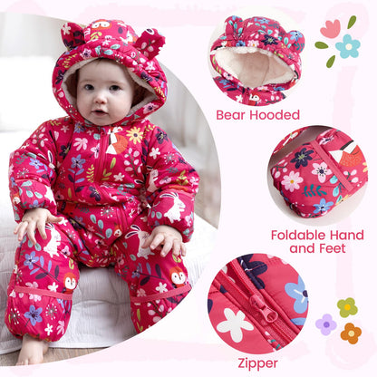 JiAmy Baby Winter Snowsuit, Toddler Bear Hood Fold-Over Mittens Booties Jumpsuit Toddler Warm Fleece Romper Girls Boys Warm Jumpsuit 3-24 Months