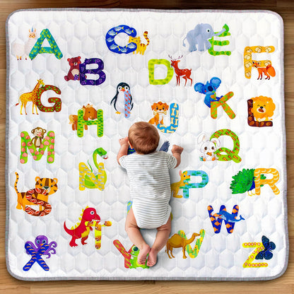 Funsland Krabbelteppich für Baby, Rutschfeste Baby Spielmatte Schadstofffrei 127x127cm, Baumwolle Tier Krabbelmatte Baby Faltbar mit Einem Höhenlineal, Kinder Spielmatte für Innen/Außen/Zaun