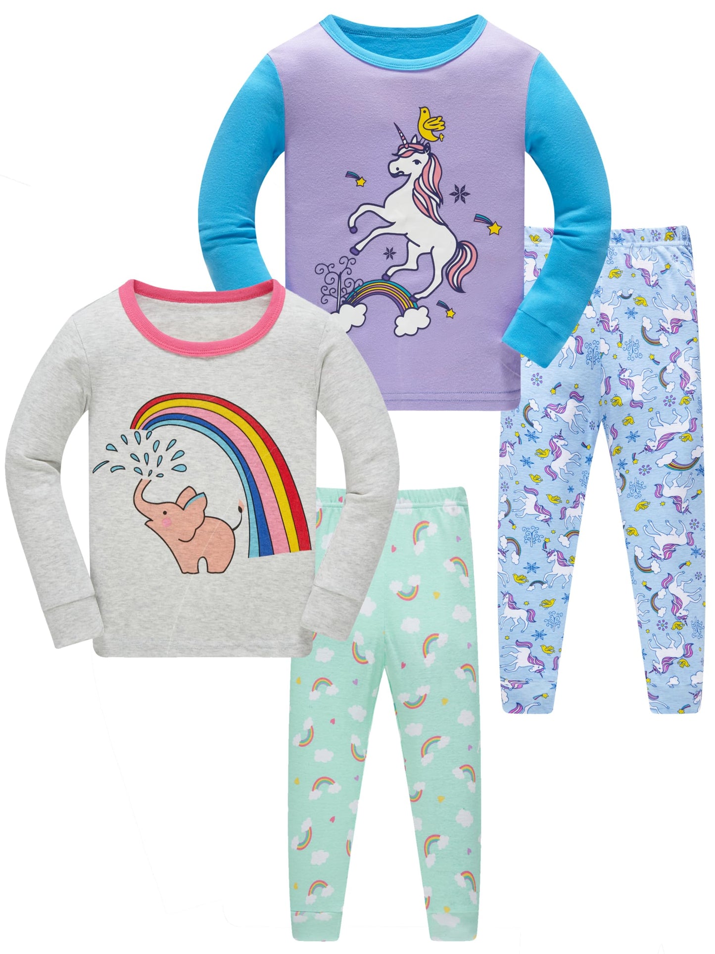 LOLPIP Mädchen Pyjamas 100% Baumwolle Schlafanzug für Kinder Schlafkleidung Langarm 4 Stück Set 1-12 Jahre