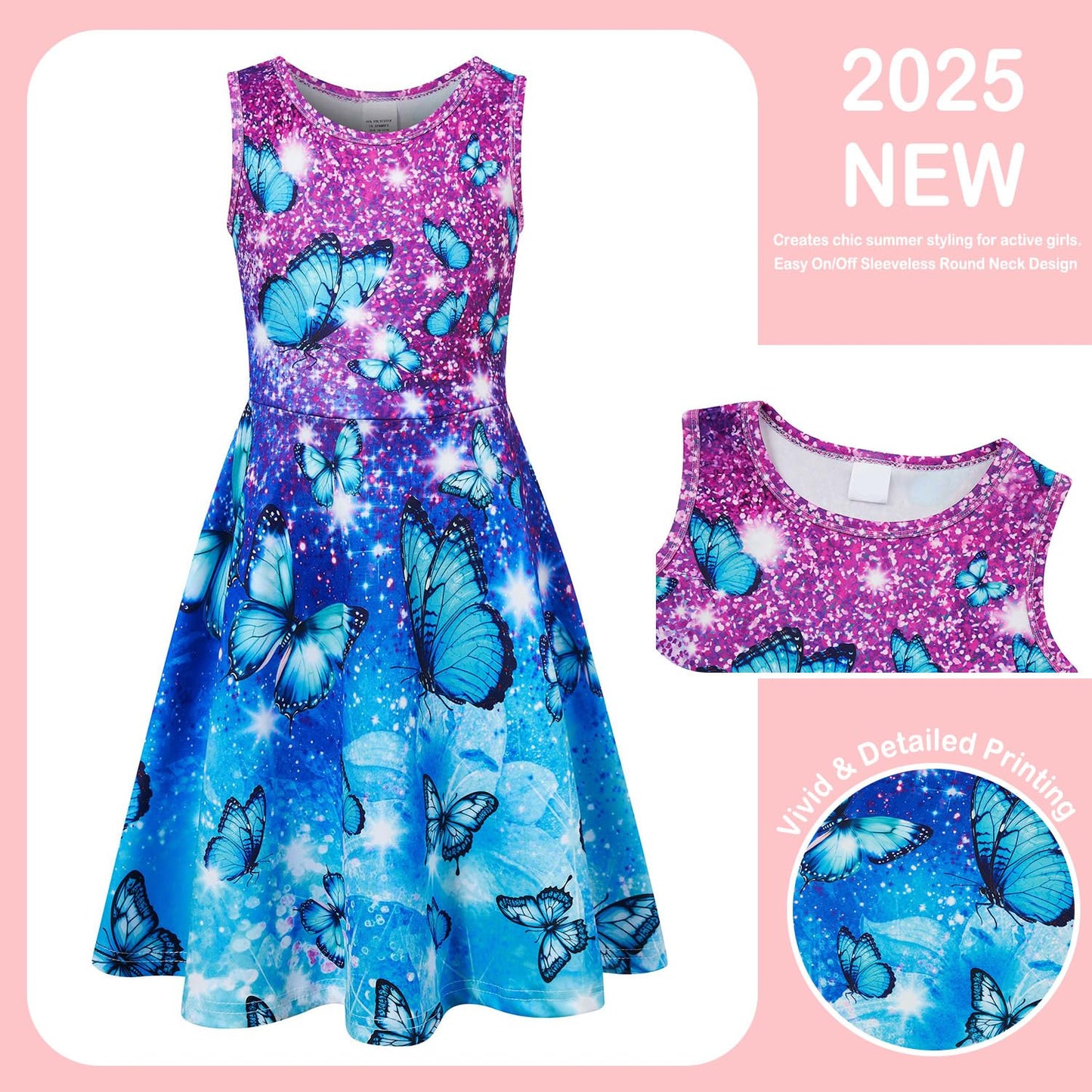 kids4ever Mädchen Kleid Ärmellos Sommerkleid Rundhals A-Linie Swing Kleid Meerjungfrau Galaxie Prinzessin Party Geburtstag 4-12 Jahre
