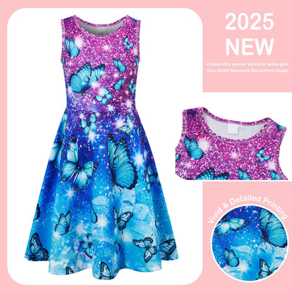 kids4ever Mädchen Kleid Ärmellos Sommerkleid Rundhals A-Linie Swing Kleid Meerjungfrau Galaxie Prinzessin Party Geburtstag 4-12 Jahre