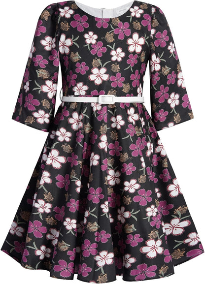 BONNY BILLY Mädchen Kleider Vintage Blumen Festlich Hochzeit Elegant Kinder Kleid mit Gürtel
