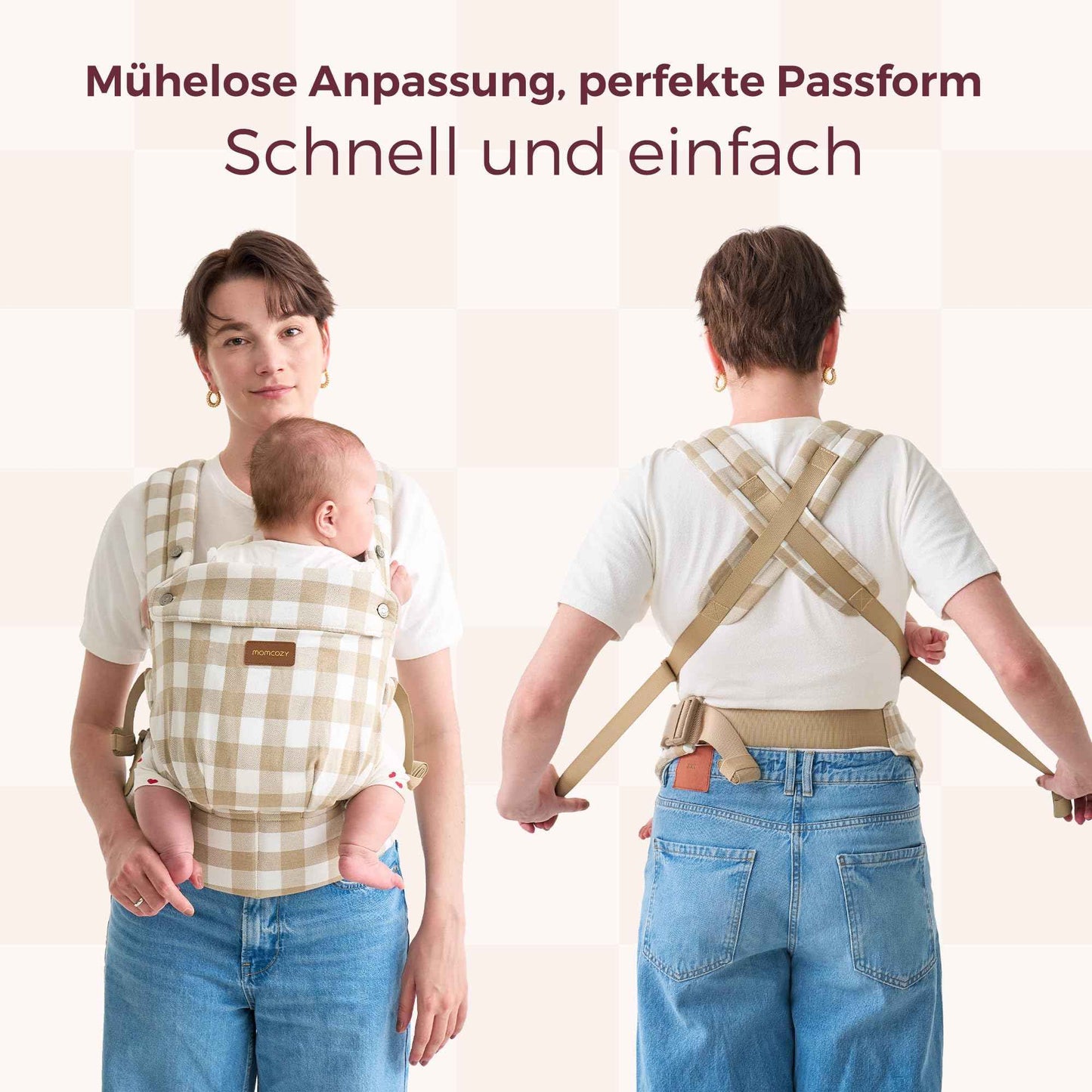 Momcozy Babytrage aus 100% Baumwolle – Baby Carrier für Kleinkind (3-24 Monate, 3,2-20 kg) · Ergonomische M-Position · X-Rücken · Taillengurt 64-127cm, Khaki