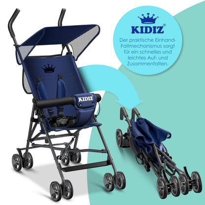Kinderwagen CITY Buggy Kinderbuggy klappbar Sportwagen Faltbar 360° 4-Zoll-Räder Inkl. Sonnen- und Regenverdeck zusammenklappbar 5-Punkt-Sicherheitsgurt ab 6 Monate, Blau/Navy